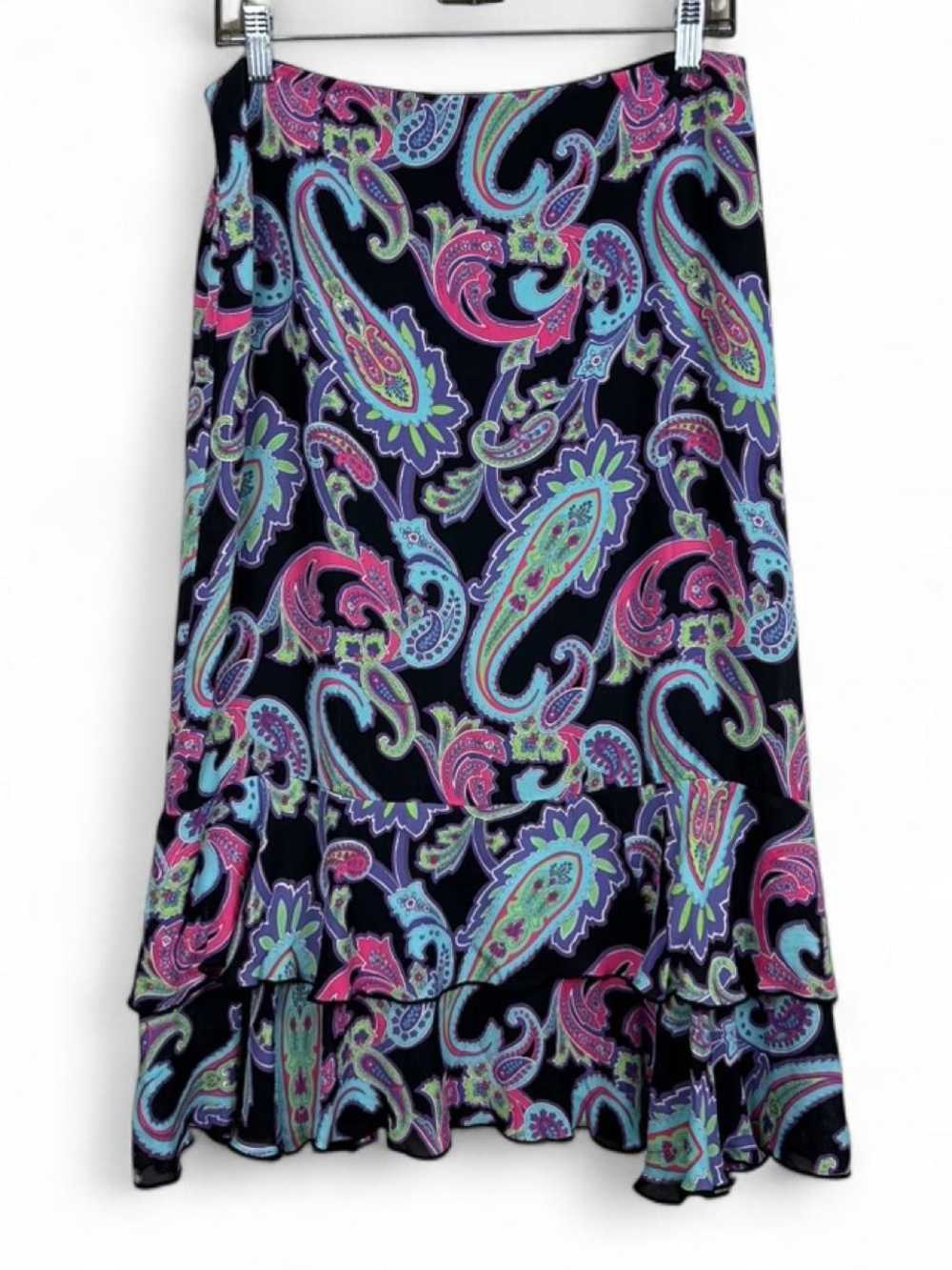 Harold's black paisley silk midi skirt with ruffle hem